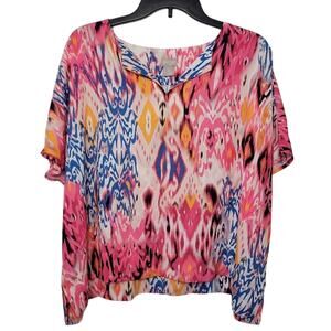NEW Chico's Ikat-Print Split-Neck Blouse Colorful Vibrant